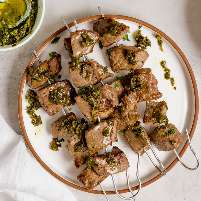 Low FODMAP Steak Kabobs with Chimichurri Sauce