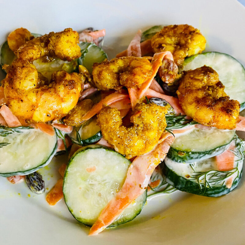 Crisp Cucumber & Dill Salad with Curry Rubbed Grilled Gulf Shrimp