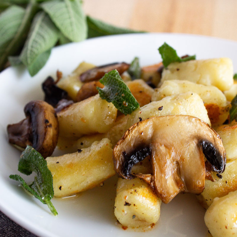 Gluten-Free Homemade Gnocchi in Brown Butter Sage Sauce with Crispy Mushrooms