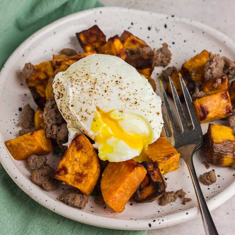 Roasted Sweet Potato Hash with Poached Eggs